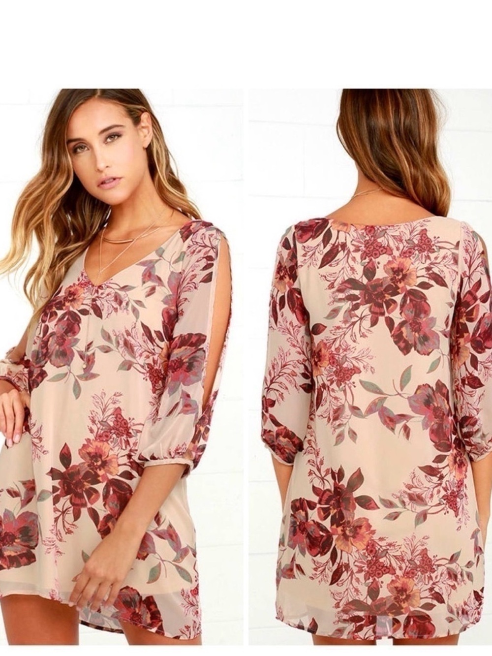 Lulus Floral Split-Sleeve V-Neck Shift Dress - Blush Floral - nwt Sz small